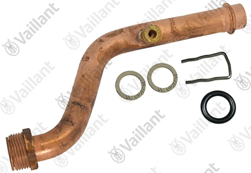 Vaillant Metallrohr mit gebogener Form, Gewindeanschluss, mehreren Dichtungsringen und einer Halterung. Schnittstelle für Messgerät oder ähnliche Anwendungen.